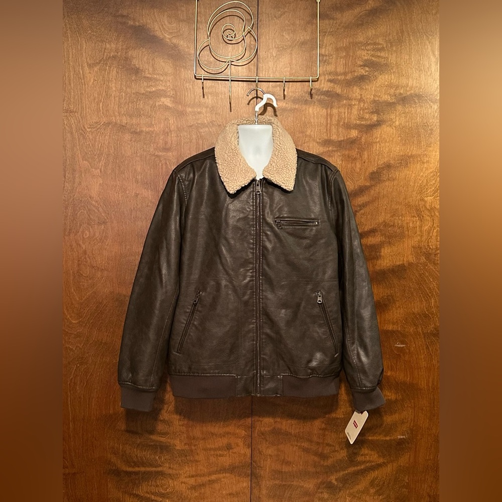 Levis Sherpa Collar Faux Leather Bomber Jacket Mens XL Brown Long Sleeve Aviator